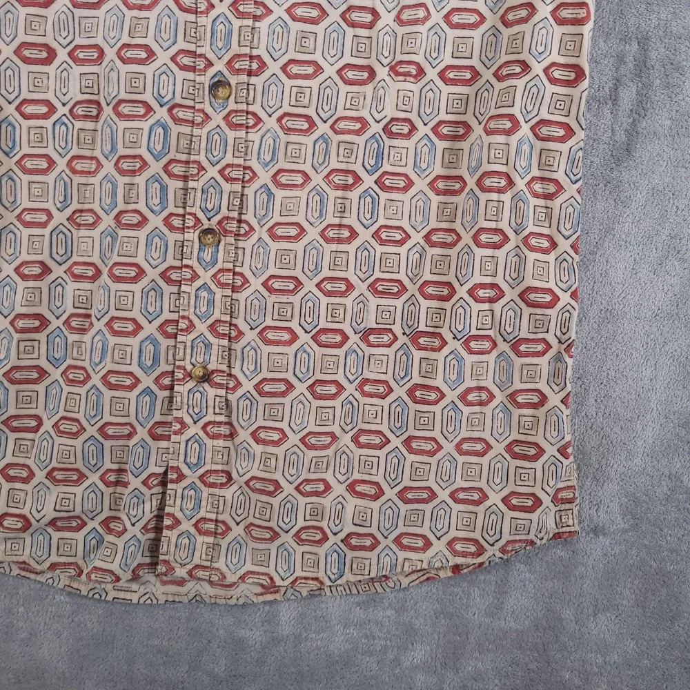 Orvis Shirt Mens Medium Beige Red Geometric Button Up Short‎ Sleeve Cotton